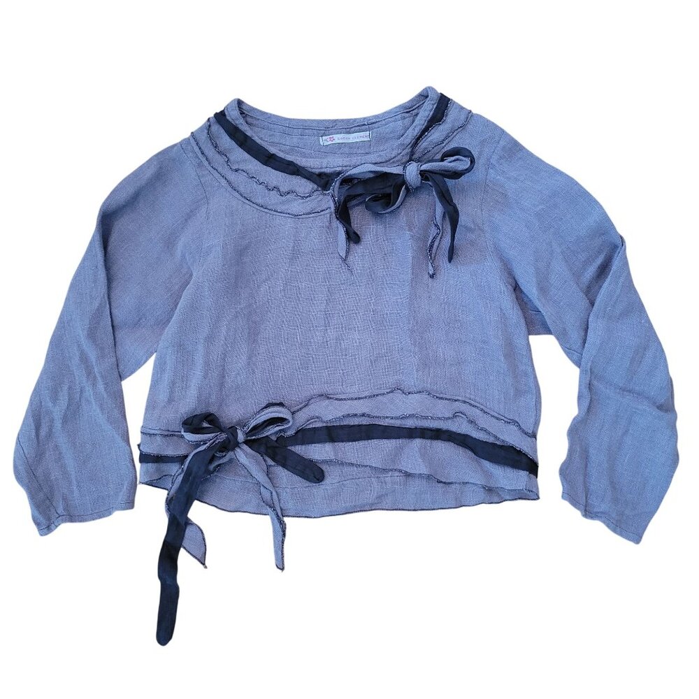 Sarah Clemens M Blue Linen Crop Top  Black Bow Accents Lagenlook Prairie Cottage